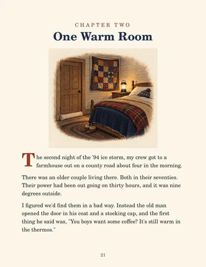 Page 21: opening of Chapter Two, One Warm Room